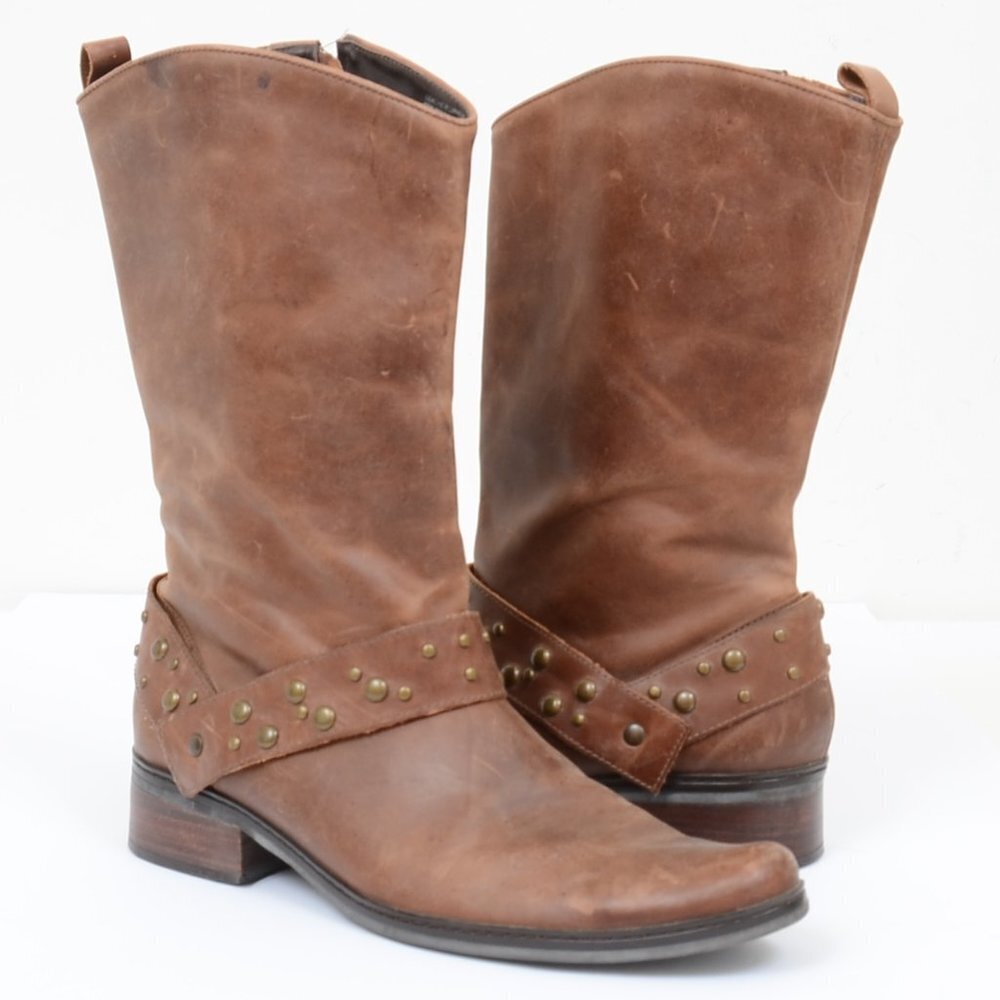 Naturalizer Women's 9.5 Rivalry Brown Leather Studded Western Boots Festival